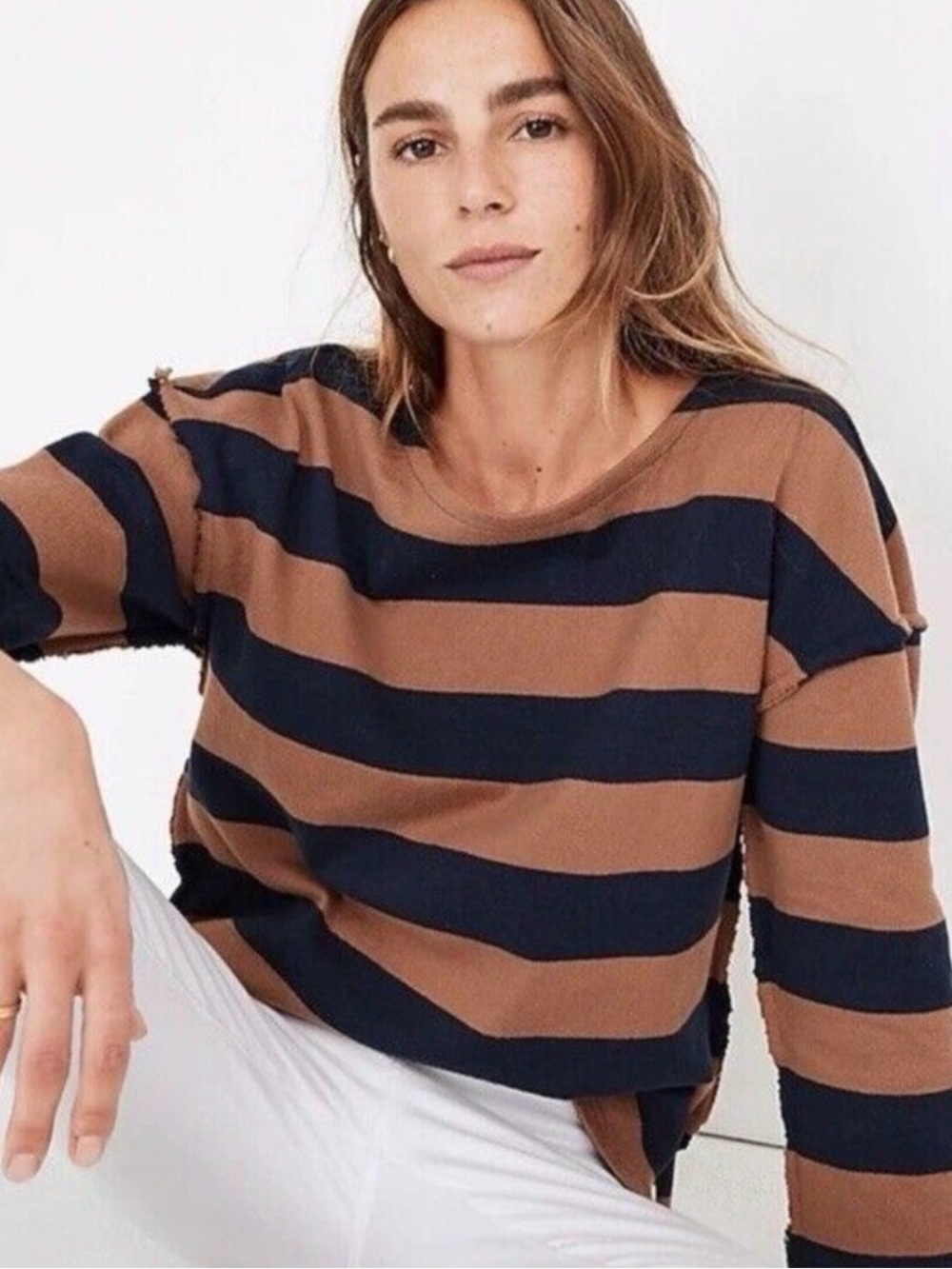 Madewell Sweater Sz Large Striped 3/4 Sleeve Pullover Navy Light Brown Raw Edge